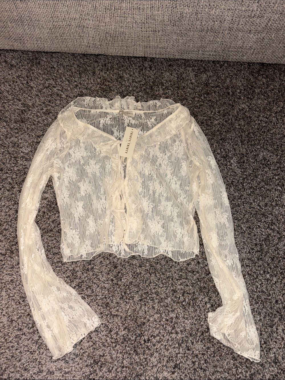 Sheer Lace Tie-Front Blouse in Cream